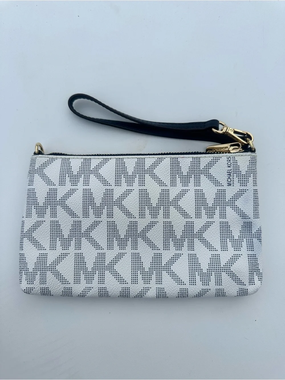 Michael Kors White and Black MK Logo Wristlet with Gold Hardware